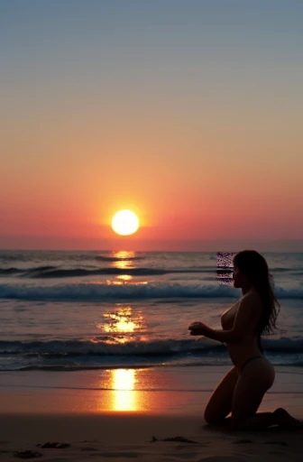 blurred out picture of a woman kneeling on a beach, dark sunset,luscious nude body, only hazy silhouette is visible 