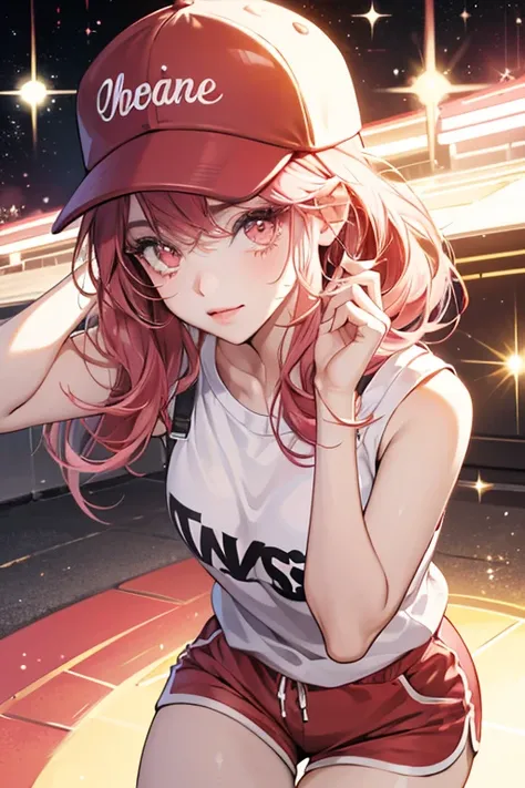 She is a  and round eyes that have three eyelashes. She wears a red baseball cap and pale pink shorts. SPARKLE; GLITTER