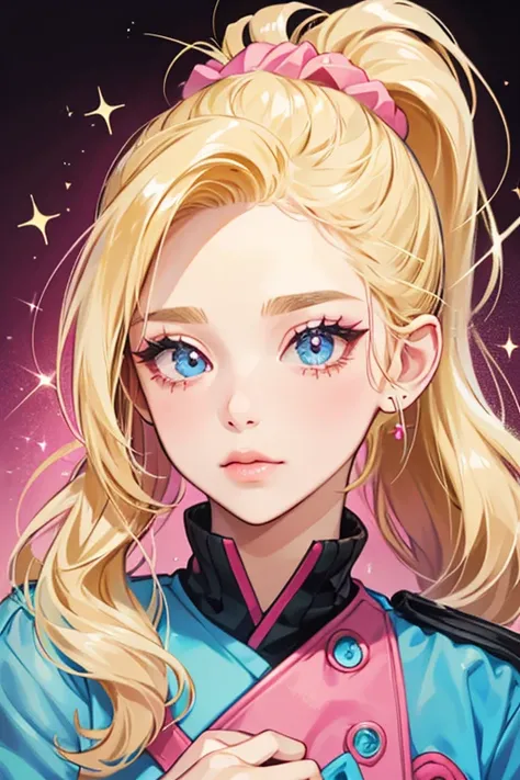 She has blonde hair that she ties in a ponytail with a pink scrunchie. There is a red heart shape on the bottom of her nose. She has solid blue, oval-shaped eyes and six eyelashes on each eye. SPARKLE; GLITTER