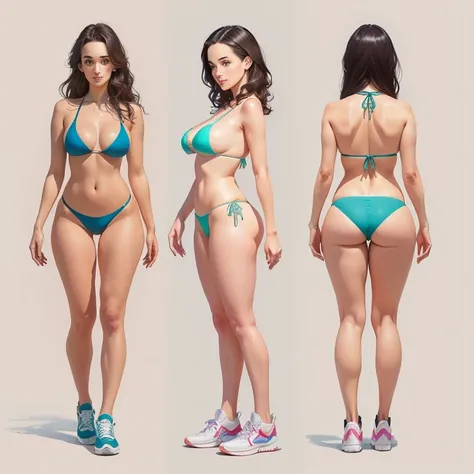 a woman in a bikini and sneakers next to another woman, anime Full body illustration, opal proportions, beautiful arte conceitual de corpo inteiro, realistic bikini, retrato de corpo inteiro de um curta!Cartoon style digital illustration artgerm style, Art...