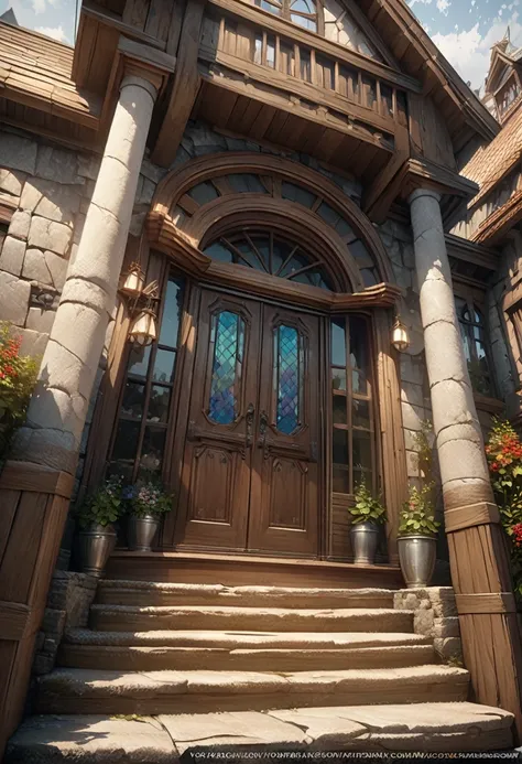 Ultra-Real 8K, Super detailed, ((no man)), (Hyper Detail, Dynamic Camera), (Wide-angle), (Vivid colors and saturation), (Trending on Artstation),anime style, entrance, Western style, Luxury House, middle ages