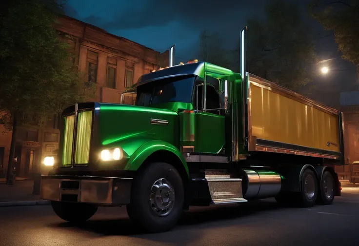 1truck full, green truck colour cover set, black mirror, trailer head truck , in night town background, zoom out buildings and lights,