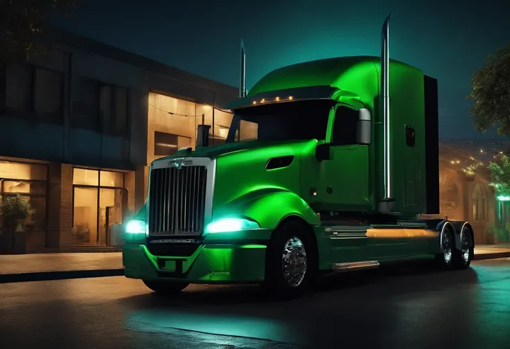 1truck full, green truck colour cover set, black mirror, trailer head truck , in night town background, zoom out buildings and lights,