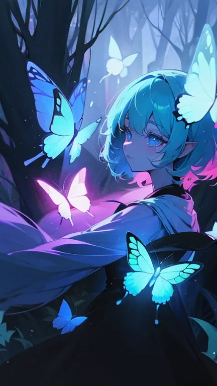 In the dark forest, there are countless beautiful glowing fairies and beautiful glowing butterflies