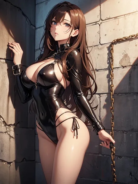 A beautiful woman held captive by long chains in front、low angle、、 The handcuffs were chained to the wall、Being restrained in handcuffs、Crucifixion、Spread your legs、detailed groin、Split.、sexy、、elegant、Beautiful eyes、atmosphere、beautiful、Swimwear、High leg、l...