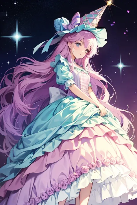 She is seen wearing a tall cone-shaped princess hat with purple and lavender stripes. A long, flowy light teal ribbon is situated at the top of her hat. She wears a long pink dress attire that goes up to her feet. The dress has short puffy sleeves and a th...