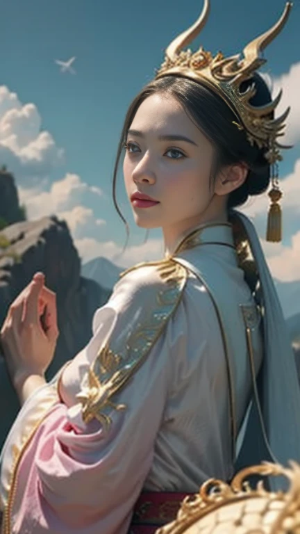 masterpiece，high quality，最high quality，Official Art，Beauty and aesthetics，amazing，Very detailed，Surreal，girl,(ドラゴンの上に座っているgirl)，Pink Hanfu，Golden Dragon，Dynamic pose，Looking at the audience，In the cloud，surrounded by clouds of white，Xiangyun，Attractive col...