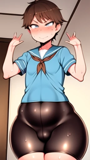 ((best quality)), ((masterpiece)), (cartoony style), perfect face, male character, ((femboy)), cute boy, (japanese schoolboy), (japanese school light blue summer sailor uniform), wet clothing, ((light brown thin skintight bike shorts)), wet shiny light bro...