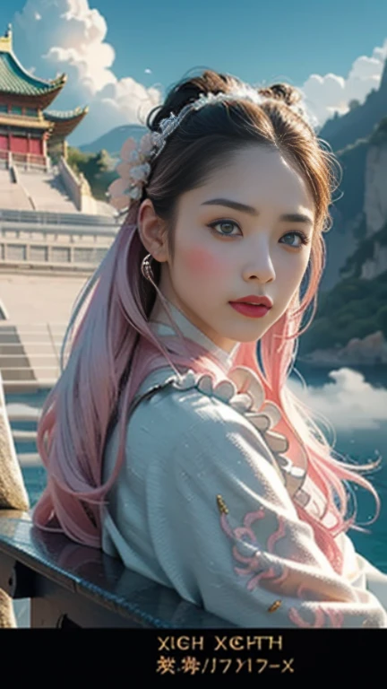 masterpiece，high quality，最high quality，Official Art，Beauty and aesthetics，amazing，Very detailed，Surreal，girl,(ドラゴンの上に座っているgirl)，Pink Hanfu，Golden Dragon，Dynamic pose，Looking at the audience，In the cloud，surrounded by clouds of white，Xiangyun，Attractive col...