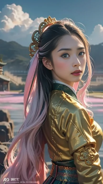 masterpiece，high quality，最high quality，Official Art，Beauty and aesthetics，amazing，Very detailed，Surreal，girl,(ドラゴンの上に座っているgirl)，Pink Hanfu，Golden Dragon，Dynamic pose，Looking at the audience，In the cloud，surrounded by clouds of white，Xiangyun，Attractive col...