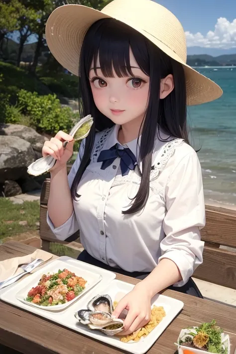 Let&#39;s eat raw oysters together, fully-dressed oyster girl