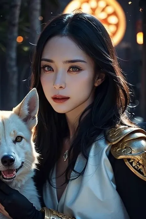 a beautiful woman with red eyes、posing for an elegant photo with a giant white fox, arpino,gray hair,face to face, ultra-realist...