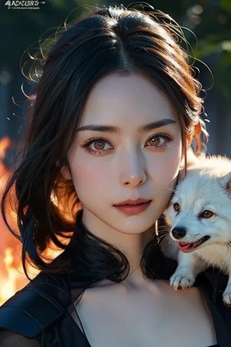 a beautiful woman with red eyes、posing for an elegant photo with a giant white fox, arpino,gray hair,face to face, ultra-realist...