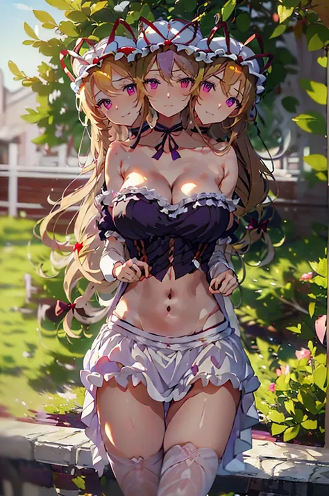 (masterpiece, best quality), best quality, (ultra-detailed), (3heads:1.5), 1girl, (3heads:1.5), 1girl, (yakumo yukari:1.3), masterpiece, best quality, ultra quality, ultra resolution, ultra detail, purple top, crop top, ((stomach)), midriff, ((groin)), pur...