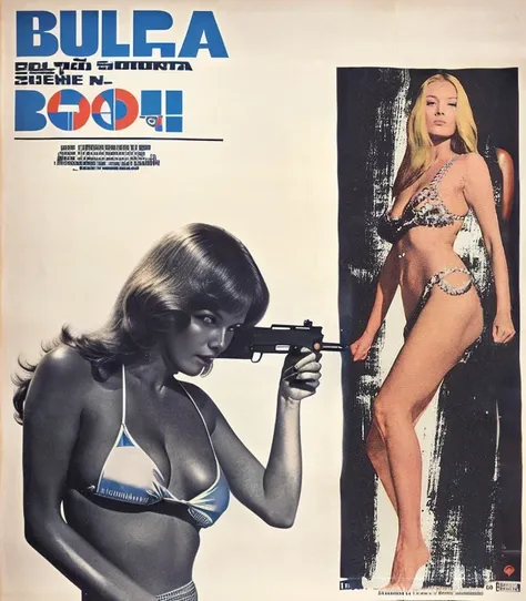 A picture of a woman in her fifties in a bikini holding a gun, Barbara Boucher, Bond Girl, 1972 Italian film poster, italian poster art, 1 9 7 0 s movie poster, movie poster 7 0s, Glenn Obic, Polish film posters, By Gabor Breznay