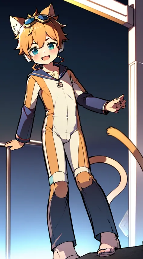 2D Boy Shota，One-piece mountaineering suit，Slim, healthy body，Put the headphones on your head，stand up，goggles，Cat ear，happy，Sailor collar，Lovely，