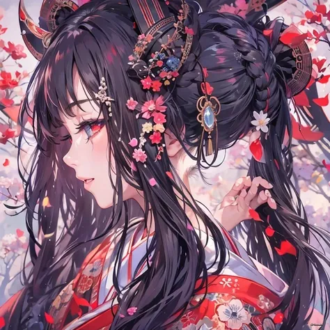 (masterpiece), highest quality, Expressive eyes, Beautiful manga Japanese woman with perfect face, MangaKawaiiAnime, Beautiful Japanese Kimono, The kimono has dragon embroidery on it... Black and red clothing colors, Japanese women&#39;s long hair, Black h...