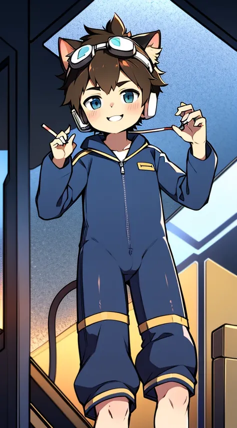 2D Boy Shota，One-piece mountaineering suit，Slim, healthy body，Put the headphones on your head，stand up，goggles，Cat ear，happy，Sailor collar，Lovely，