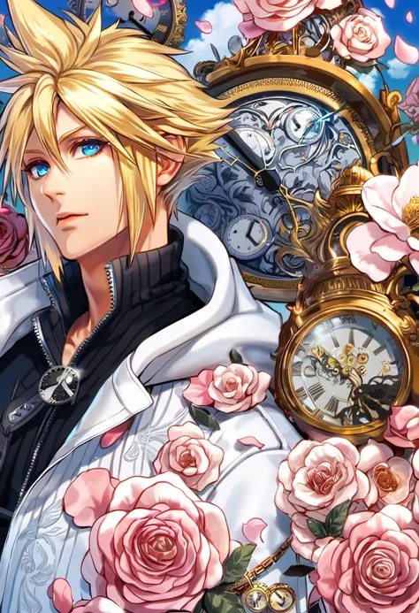 absurdres, highres, ultra detailed, HDR, masterpiece, extremely detailed face and eyes, Cloud Strife, blond hair, expressive blue eyes, Final Fantasy Advent Children, solo, sexy man, handsome, white coat, black tight shirt, patterns, pink roses, blossoms, ...