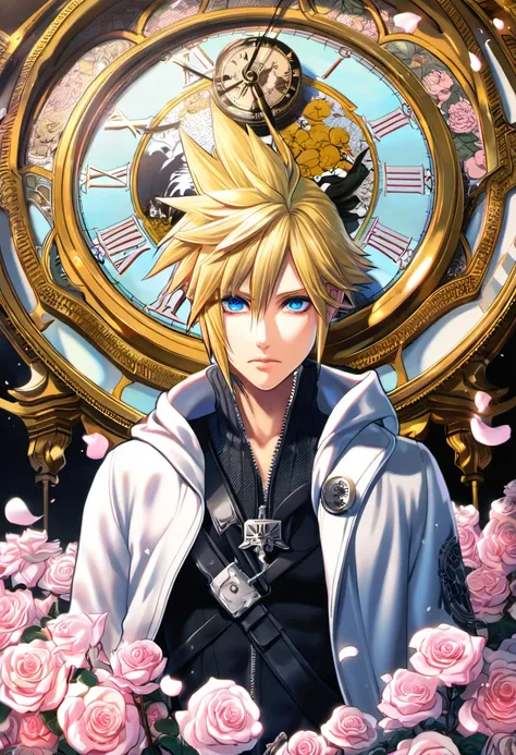 absurdres, highres, ultra detailed, HDR, masterpiece, extremely detailed face and eyes, Cloud Strife, blond hair, expressive blue eyes, Final Fantasy Advent Children, solo, sexy man, handsome, white coat, black tight shirt, patterns, pink roses, blossoms, ...