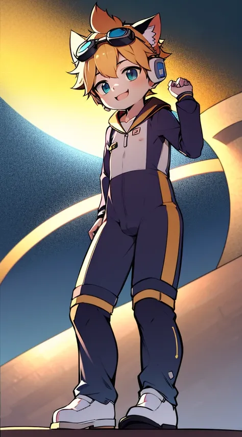 2D Boy Shota，One-piece mountaineering suit，Slim, healthy body，Put the headphones on your head，stand up，goggles，Cat ear，happy，Sailor collar，Lovely，