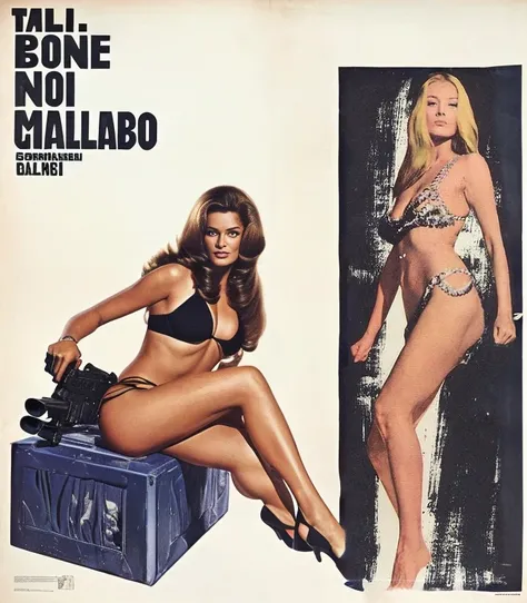 A full-body photo of a woman in her 40s wearing a bikini and holding a gun, Barbara Boucher, Bond Girl, 1972 Italian action film「Milano Calibro 9」No poster, italian poster art, 1 9 7 0 s movie poster, movie poster 7 0s, Glenn Obic, Polish film posters, By ...