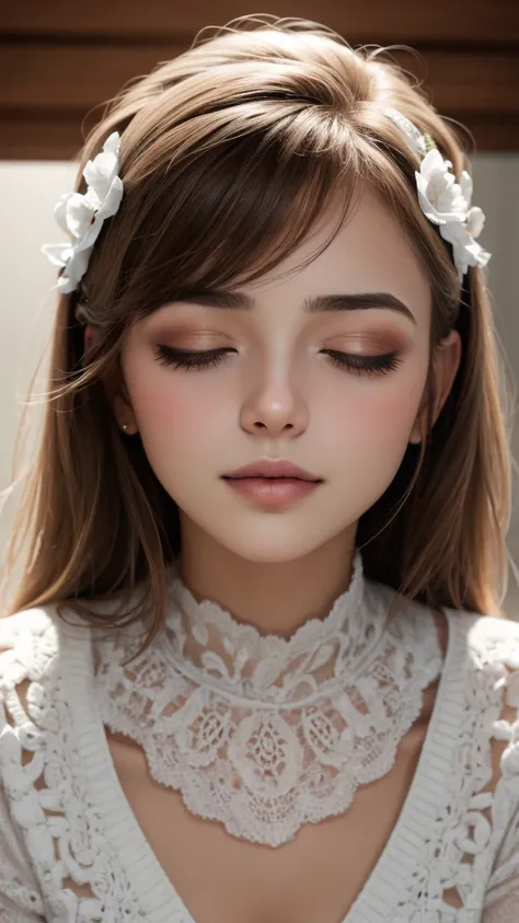 Close-up of a woman who closed her eyes and parted her perfect lips, blushing very hard, cara y labios besables, amazing makeup, contra una pared