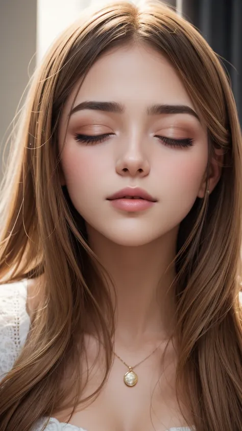 Close-up of a woman who closed her eyes and parted her perfect lips, blushing very hard, cara y labios besables, amazing makeup, contra una pared