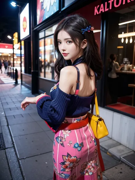 2 women, Are standing, (look back) (From behind), stylish, Harajuku-style pop costumes, Bold colors and patterns, Eye-catching accessories, innovative hairstyles, Vibrant makeup, Bright and vivid color scheme, Detailed skin texture, Detailed cloth texture,...