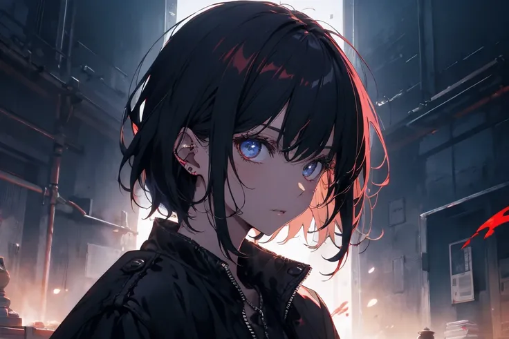 16K,beautiful, Tabletop, highest quality, Highly detailed face,Delicate eyes, Perfect lighting,One Girl、Black long coat、Black Hair.short hair、Handgun blood stains on both hands、Chasing prey、There is blood on the clothes、Dark horror、midnight、ruins