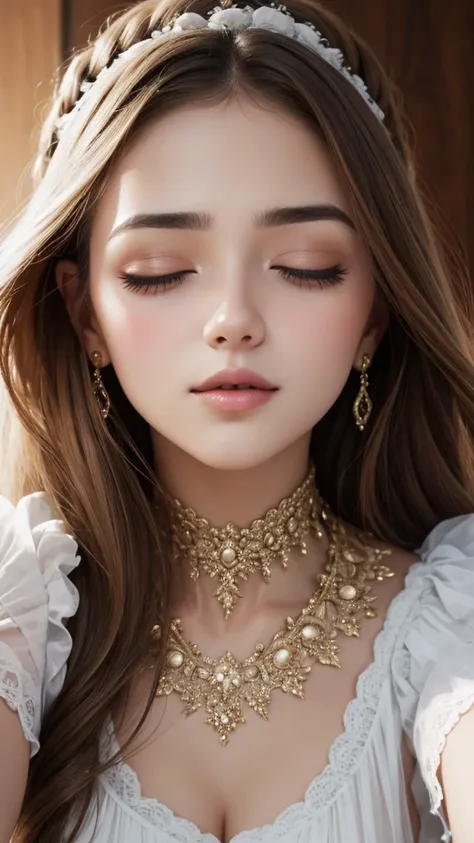 Close-up of a woman who closed her eyes and parted her perfect lips, blushing very hard, cara y labios besables, amazing makeup, contra una pared