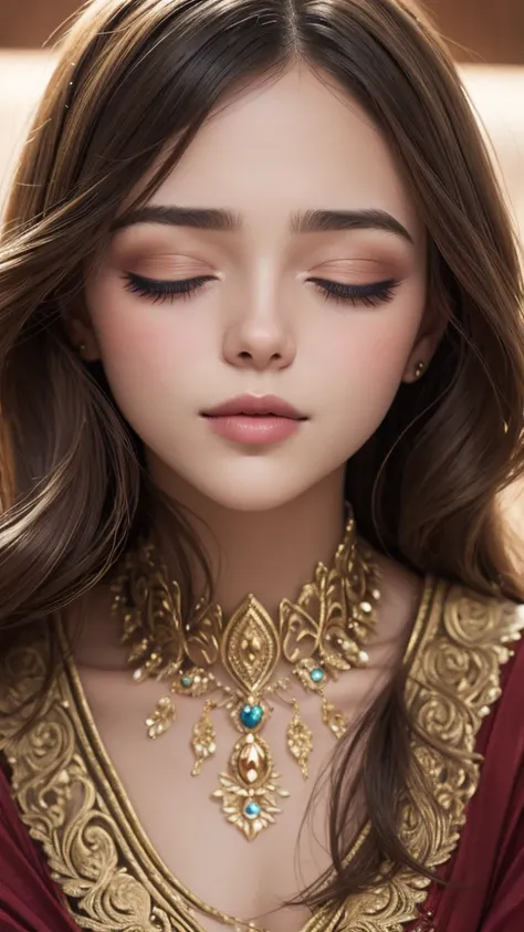 Close-up of a woman who closed her eyes and parted her perfect lips, blushing very hard, cara y labios besables, amazing makeup, contra una pared