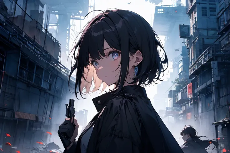 16K,beautiful,  highest quality, whole body、Highly detailed face,Delicate eyes, Perfect lighting,One Girl、Black long coat、Black Hair.short hair、Handguns in both hands、Chasing prey、midnight、ruins