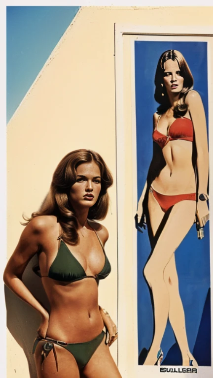 Full body shot of a beautiful woman in a bikini standing with a gun, ((Barbara Boucher, Bond Girl, 1972 Italian action film「Milano Calibro 9」Poster, イタリアPosterアート, 1 9 7 0 s movie poster, movie poster 7 0s, Glenn Obic, Polish film posters, By Gabor Breznay