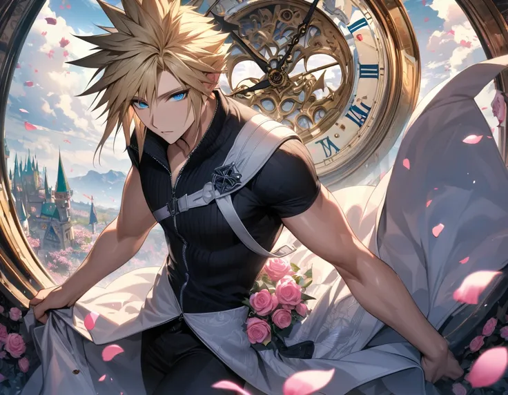 absurdres, highres, ultra detailed, HDR, masterpiece, extremely detailed face and eyes, Cloud Strife, blond hair, expressive blue eyes, Final Fantasy Advent Children, solo, sexy man, handsome, white coat, black tight shirt, patterns, pink roses, blossoms, ...