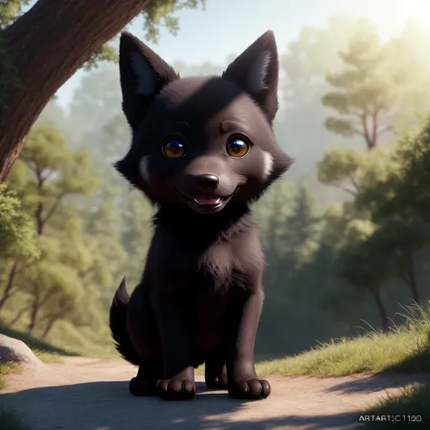 (masterpiece), (best quality), (ultra-detailed), (full body:1.2), (solo), Super cute, Pixar, (black Baby wolf), Big bright eyes, Fluffy, Smile, Delicate and fine, Fairy tales, Incredibly high detailed, Pixar style, Bright color palette, Natural light, Simp...