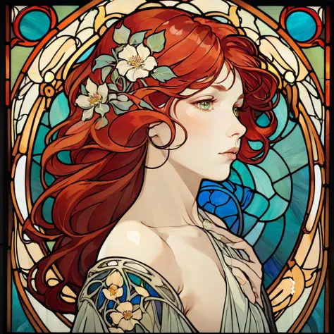 An elegant Art Nouveau stained glass portrait of a woman with flowing red hair and intricate floral patterns, in the style of Alphonse Mucha&#39;s iconic works.