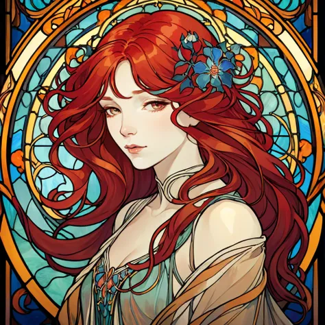 An elegant Art Nouveau stained glass portrait of a woman with flowing red hair and intricate floral patterns, in the style of Alphonse Mucha&#39;s iconic works.