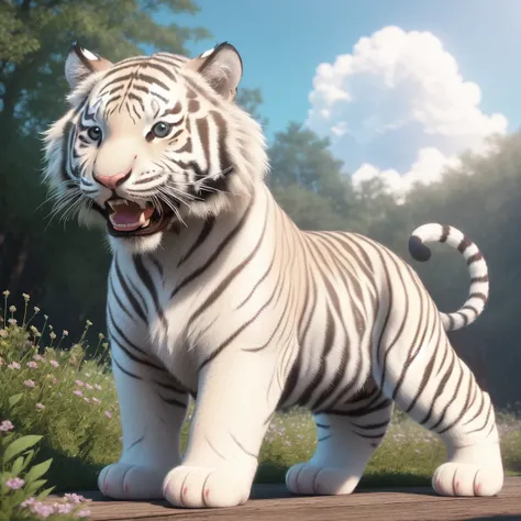 (masterpiece), (best quality), (ultra-detailed), (full body:1.2), (solo), Super cute, Pixar, (white Baby tiger), Big bright eyes, Fluffy, Smile, Delicate and fine, Fairy tales, Incredibly high detailed, Pixar style, Bright color palette, Natural light, Sim...