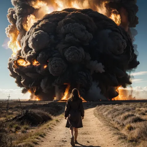 woman walking towards atomic explosion with fire in the center in the distance in an open field 