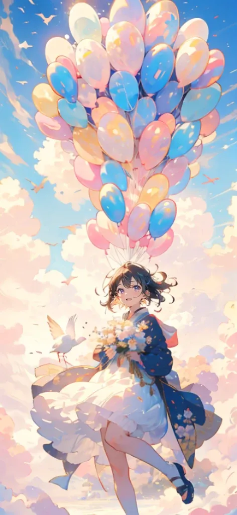 girl，Lots of balloons，Lots of balloons，floating，Jump，黄色のブラウスシャツflower火，colorful，smile，flower，bird，wing，magic，Shine