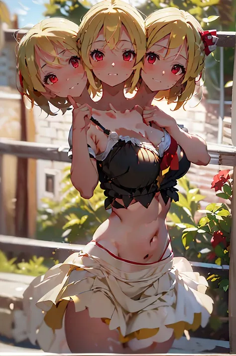 (masterpiece, best quality), best quality, (ultra-detailed), (3heads:1.5), 1girl, (rumia:1.3), masterpiece, best quality, ultra quality, ultra resolution, ultra detail, black top, crop top, ((stomach)), midriff, ((groin)), black skirt, normal ears, shackle...