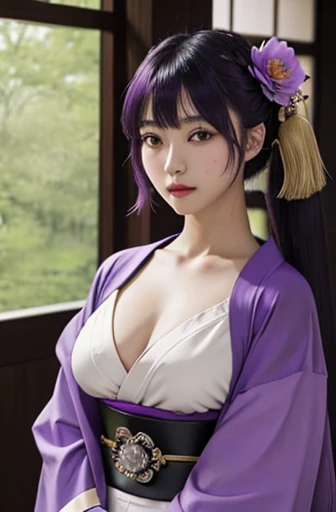 1 beauty girl,Shiny skin, solo,thighhighs,purple hair,japanese clothes,purple eyes,hair ornament,kimono,sash,flower,obi,obiage,bangs,obijime,mole,large breasts,long hair,mole under eye,purple kimono,ribbon,tassel,purple flower,bridal gauntlets,musou isshin...