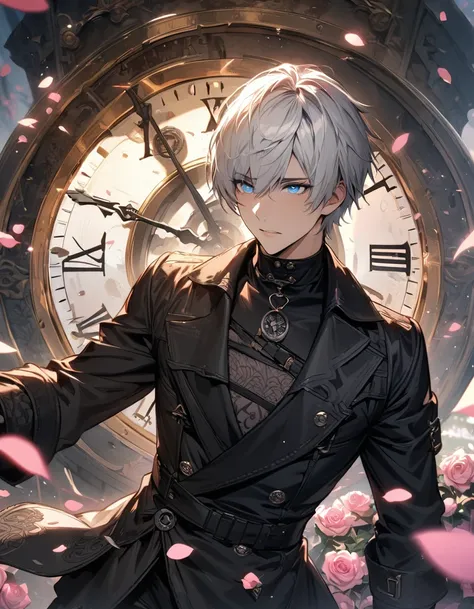 absurdres, highres, ultra detailed, HDR, masterpiece, extremely detailed face and eyes, 9s, white short hair, with bangs, expressive blue eyes, Nier Automata, solo, sexy man, handsome, black clothes, pink roses, blossoms, petals, in woderland, clock