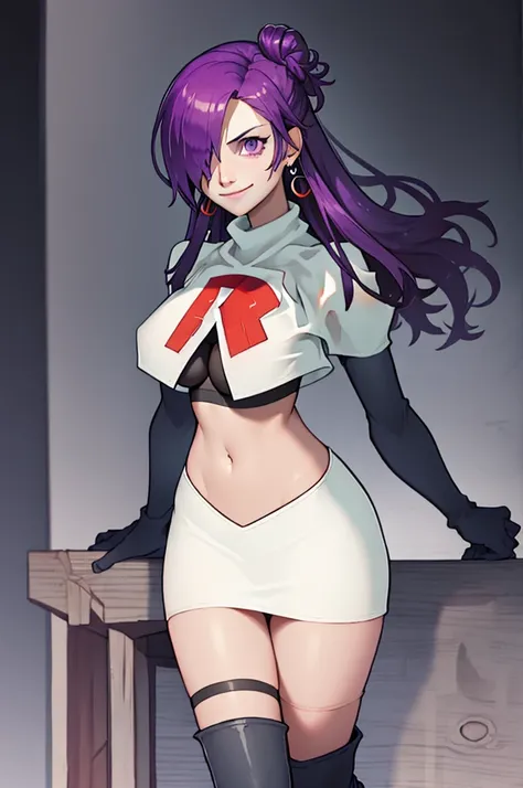 masterpiece, best quality, shez, hair over one eye, purple hair, team rocket, team rocket uniform, red letter r, white skirt,whi...