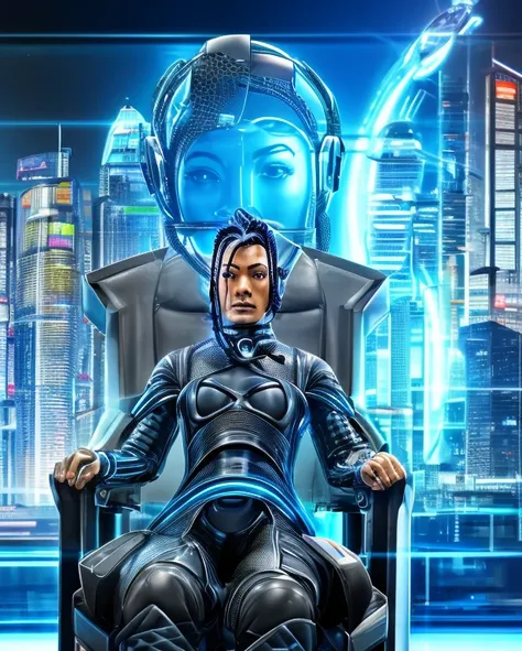 arafed woman in a futuristic suit sitting in a chair with a computer screen, a cyborg meditating, cyberpunk art ultrarealistic 8...