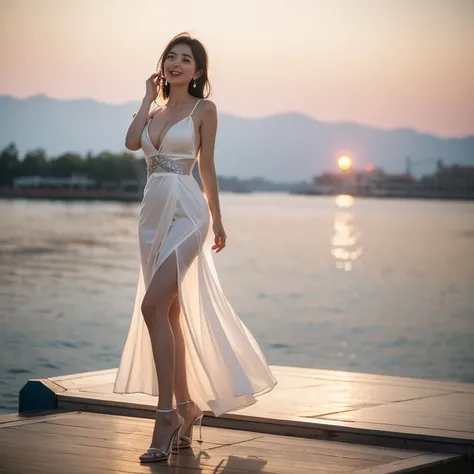 1 beautiful girl, standup in front of piear with speed boat, (High heels. long legs. Full body, Ivory colour, (transparent dress), breeze blows hair, Big breasts, thin waist,  full body short, black hair, mole under eye, crystal earrings, makeup, smelling,...