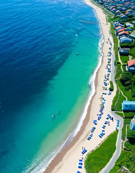 A family comes to the house near by the beach, the coast line is blue and view from above