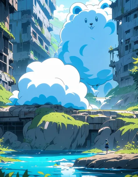 an abandoned blue coast  with the enormous fluffy animals on it. The beauty of anime style drawing