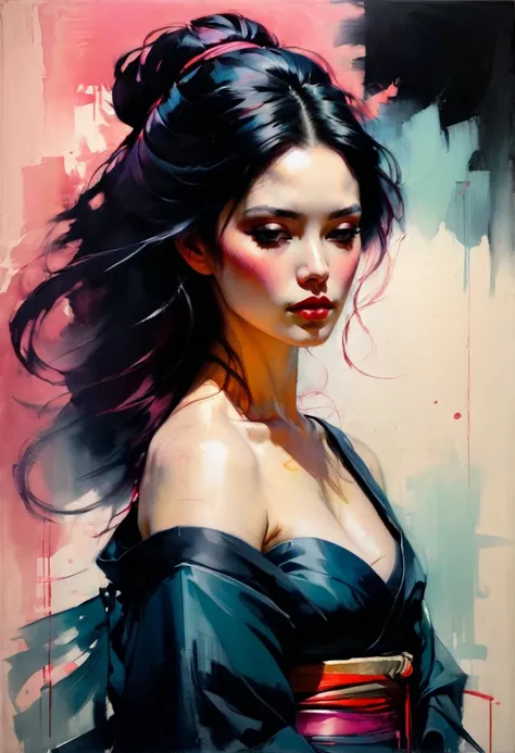 malcolm liepke painting on sensual illustration of an elegant samurai, riot games concept art beauty, eerie, the model draped in flowing, thick oil painting, extremely soft colors, vibrant, highly detailed, , oil on linen,  high contrast, dramatic, refined...